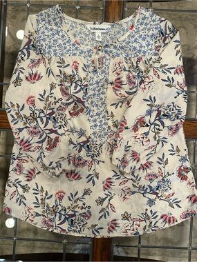 Tantrums Cream Floral Peasant Top with Blue and Pink Accents Size S